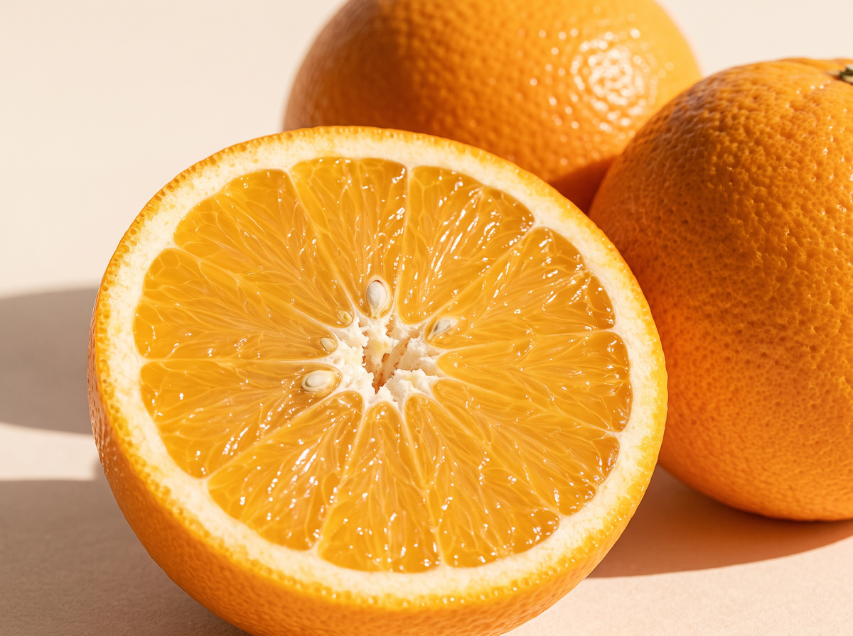 Halv appelsin med saftigt orange frugtkød og hele appelsiner bagved