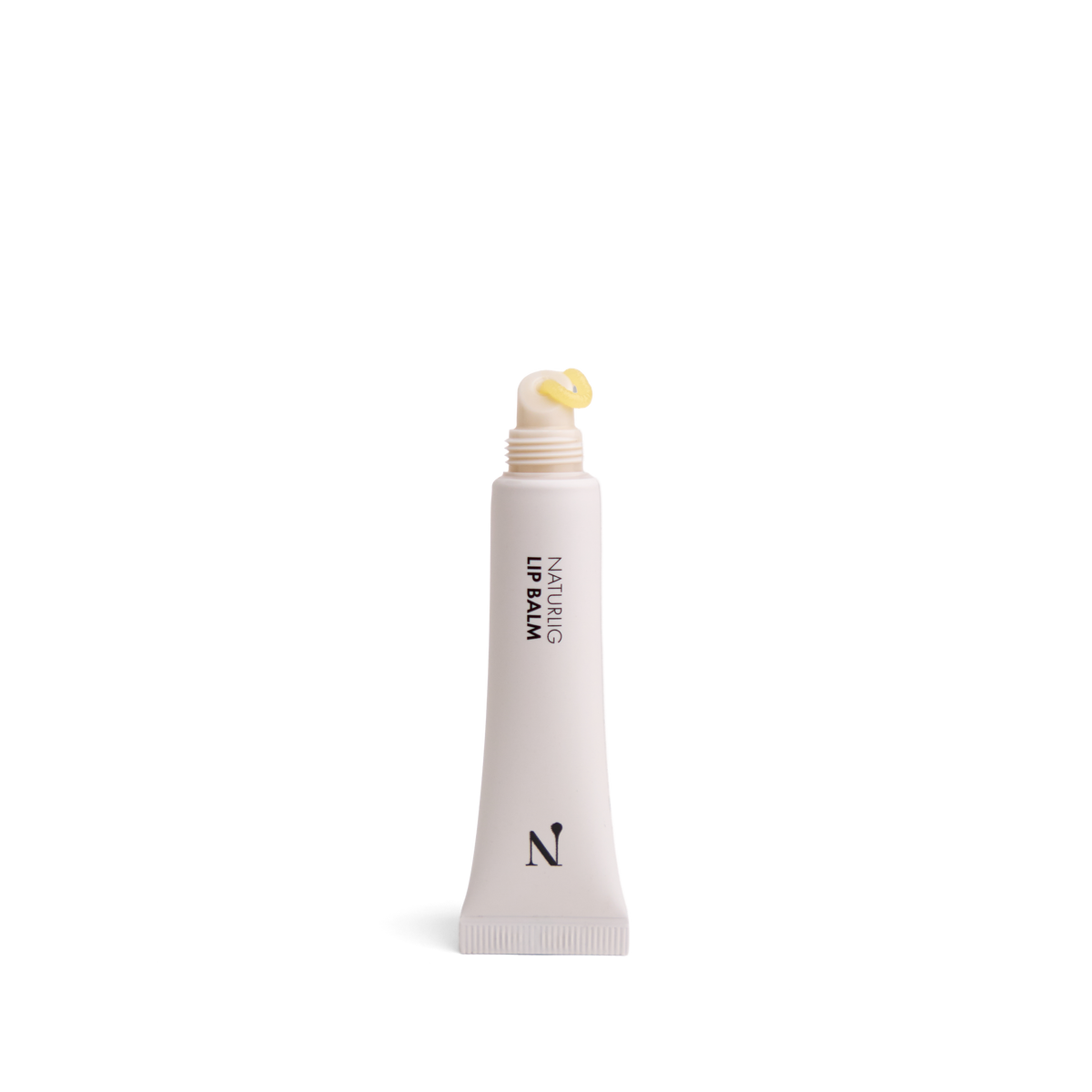 Naturlig Lip Balm i lys tube uden låg, med en lille klat gul balm på spidsen