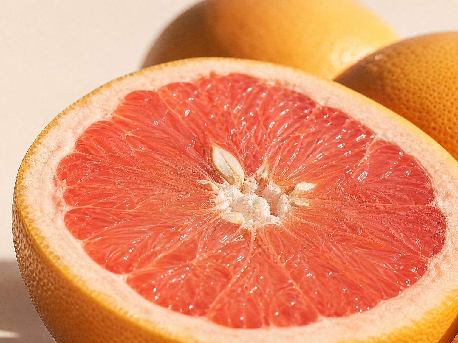 Halv grapefrugt med rødt frugtkød og hele frugter bagved