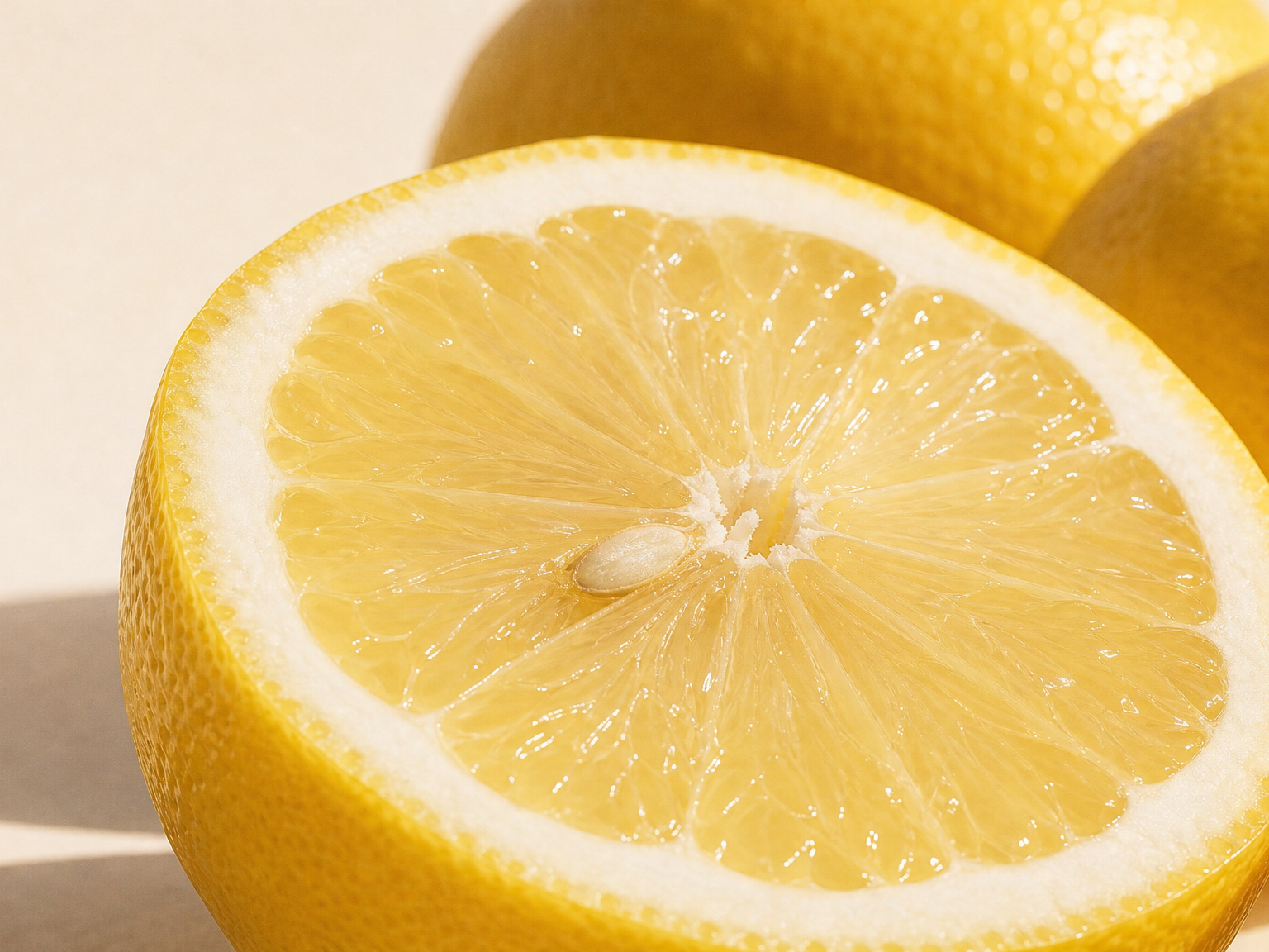 Halv citron med gult frugtkød og hele citroner bagved