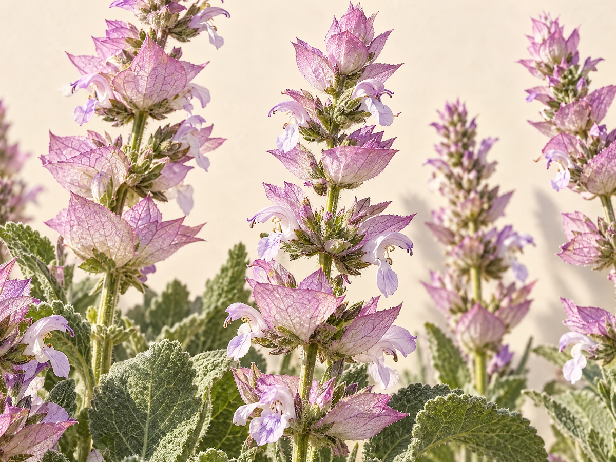 Muskatsalvie med blomsteraks i lilla og hvidt over grågrønne blade