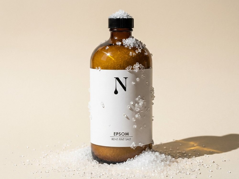 Naturligolie Epsomsalt i glasflaske med saltkrystaller hældt ud over og omkring